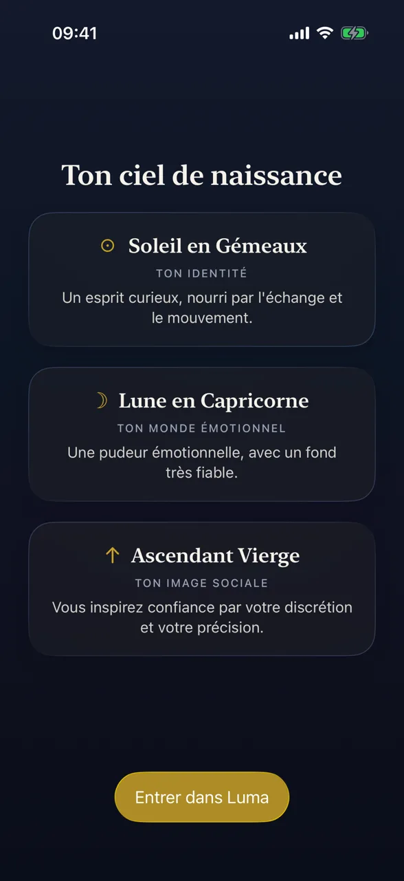 Écran d'accueil de l'app Luma : phase de lune et journal sur fond bleu nuit