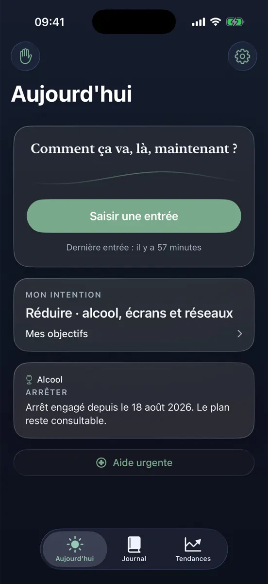 Écran Aujourd'hui de l'app Nuance : la question du moment et la saisie d'une entrée de journal